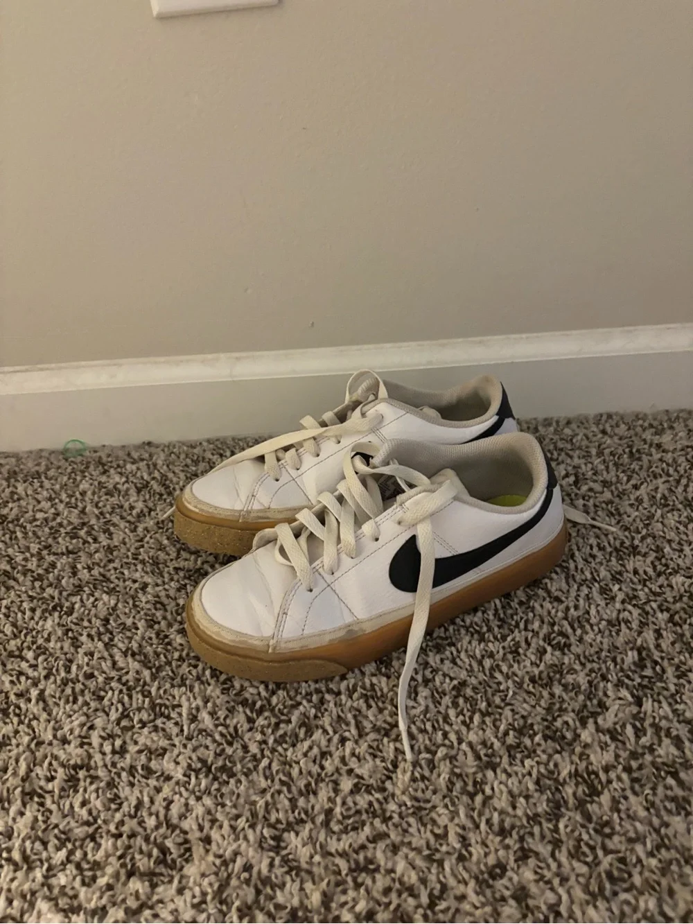 Nike White Sneakers with Black Swoosh and Gum Sole - Kids